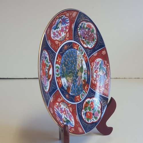 IMARI WARE VINTAGE JAPANESE PORCELAIN PLATE - GOLD ETCHED - PEACOCK AND FLOWERS