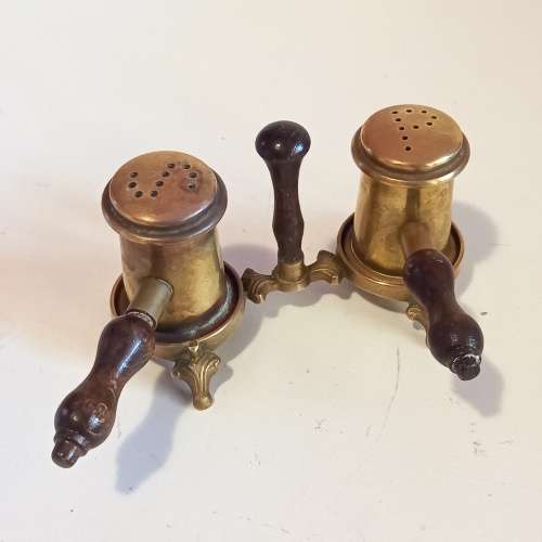 Beautiful Wood and Brass Gavel Salt and Pepper Holder Set