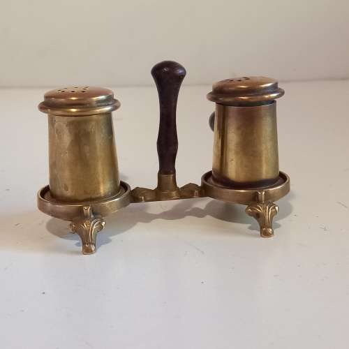 Beautiful Wood and Brass Gavel Salt and Pepper Holder Set