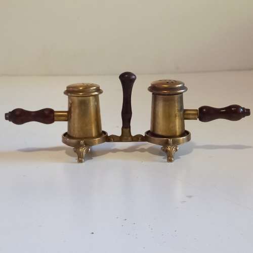 Beautiful Wood and Brass Gavel Salt and Pepper Holder Set