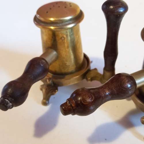 Beautiful Wood and Brass Gavel Salt and Pepper Holder Set