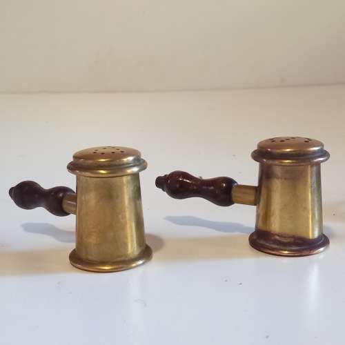 Beautiful Wood and Brass Gavel Salt and Pepper Holder Set