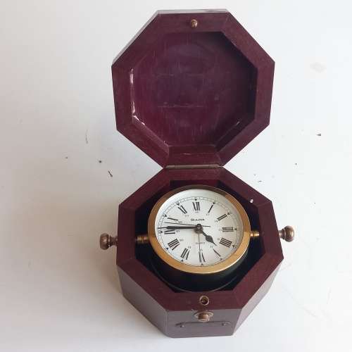 BULOVA QUARTERMASTER MARITIME CLOCK IN WOODEN CASE MODEL B7910