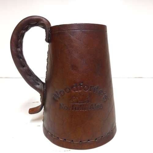 WOODFORDES NORFOLK ALES LEATHER TANKARD