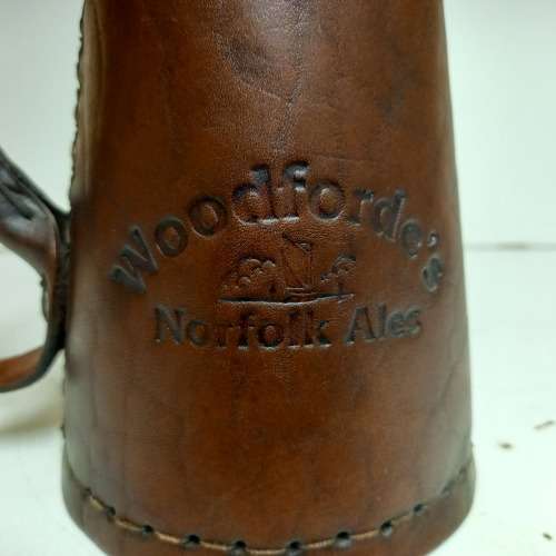 WOODFORDES NORFOLK ALES LEATHER TANKARD