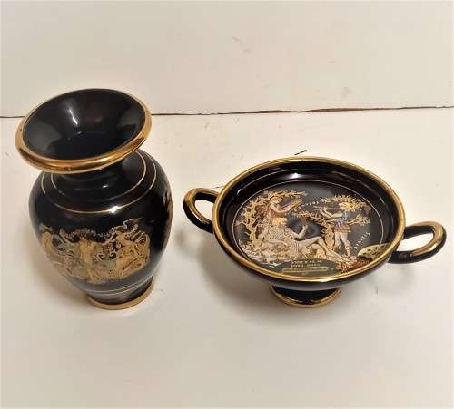 VINTAGE GREEK 24K GOLD TRIM HANDMADE TERRACOTTA PAIR