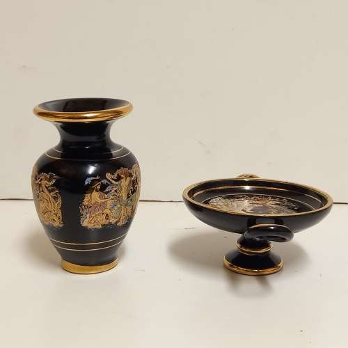 VINTAGE GREEK 24K GOLD TRIM HANDMADE TERRACOTTA PAIR