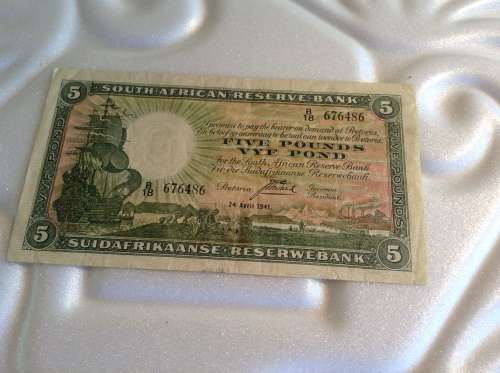 1941 SCARCE J. POSTMUS FIVE POUND BANKNOTE. ONLY ISSUE. AFR. OVER ENG.  SEE DESC.VAN RIEBEECK WATERM