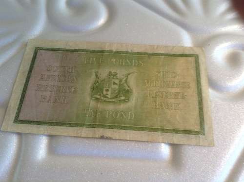 1941 SCARCE J. POSTMUS FIVE POUND BANKNOTE. ONLY ISSUE. AFR. OVER ENG.  SEE DESC.VAN RIEBEECK WATERM