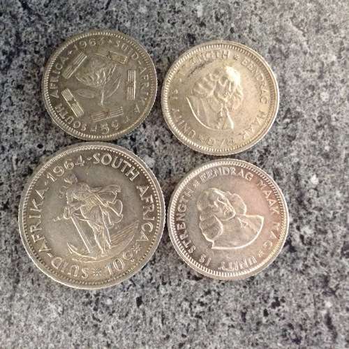 1963,63'64  RSA  5 cent coins  and a 1964 10 cent coin. Silver. 1 Bid.  GREAT Coins.