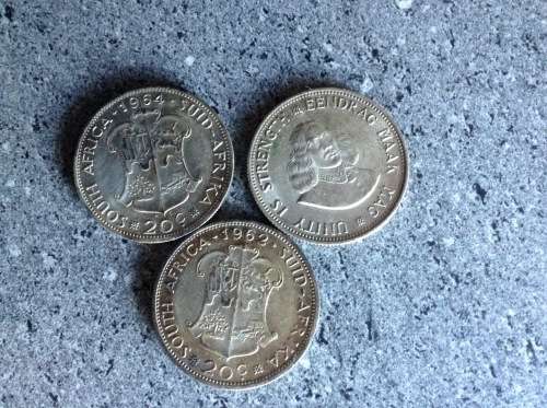 RSA 1962, 1964,1964  20 CENT SILVER COINS. NETTO SILVER  16.95 GRAM.  SCRAP SILVER.