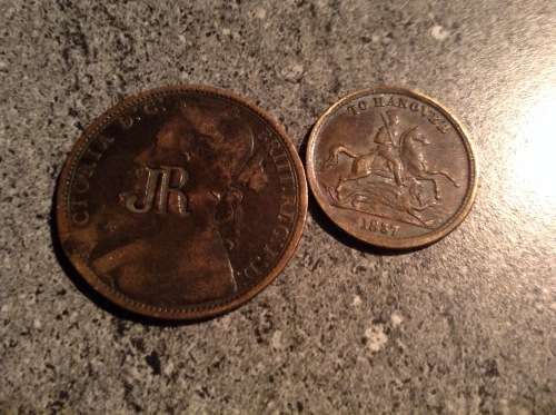 1877 VICTORIAN JR OVERSTAMP PENNY AND THE 1837 CUMBERLAND JACK . TOKEN. (ROAD TO HANOVER0.SEE DESCR.