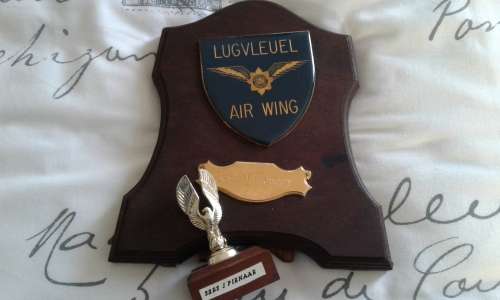RARE SOUTH -AFRICAN POLICE AIR WING WOODEN PLAQUE AND A "GOLDEN EAGLE " TO SERSANT J. PIENAAR.