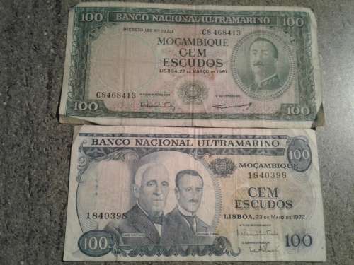RARITIES.1961 AND 1972 MOZAMBIQUE 100 CEM ESCUDOS BANKNOTES.