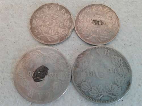 ZAR 1894 /96 SIXPENCES PLUS 1896/97 ZAR TICKEYS.Age related wear. As is per scan.