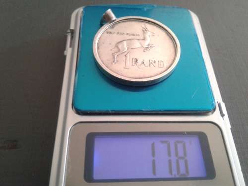 RARE SILVER 1966 RSA ENG. RAND 1 COIN WITH SILVER PENDANT ATTACHMENTS.FINE SILVER 14.5 GRAMS.