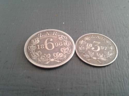 SILVER 1896 ZAR SIXPENCE AND A 1897 ZAR TICKEY.