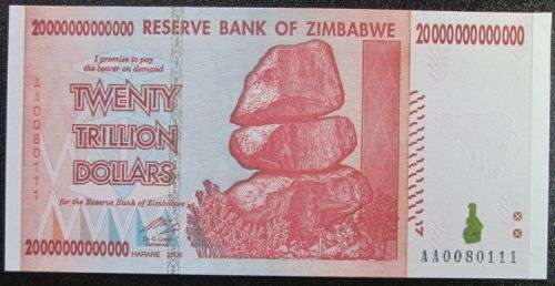 Reserve Bank of Zimbabwe set of 10 20 50 100 Trillion Dollars notes, Uncirculated
