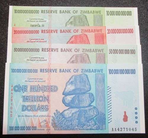 Reserve Bank of Zimbabwe set of 10 20 50 100 Trillion Dollars notes, Uncirculated