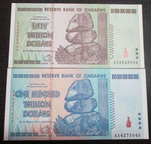 Reserve Bank of Zimbabwe set of 10 20 50 100 Trillion Dollars notes, Uncirculated