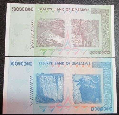 Reserve Bank of Zimbabwe set of 10 20 50 100 Trillion Dollars notes, Uncirculated