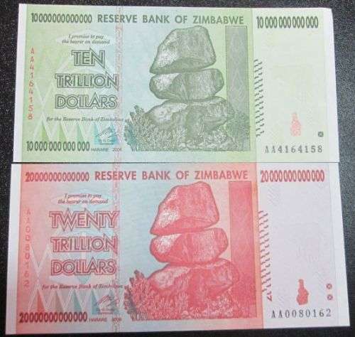 Reserve Bank of Zimbabwe set of 10 20 50 100 Trillion Dollars notes, Uncirculated