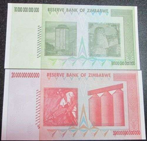 Reserve Bank of Zimbabwe set of 10 20 50 100 Trillion Dollars notes, Uncirculated