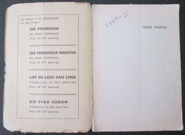 SARIE MARAIS. Kinderoperette in Afrikaans deur F.W. Boonzaier