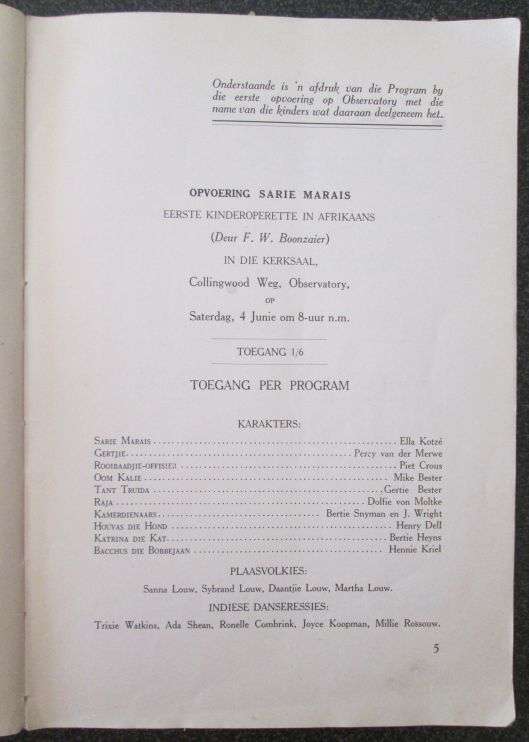 SARIE MARAIS. Kinderoperette in Afrikaans deur F.W. Boonzaier