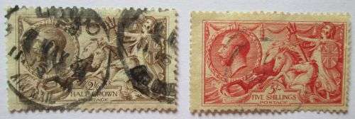 1918 Great Britain King George V Seahorse Bradbury Wilkinson Stamps 2/6 & 5/-