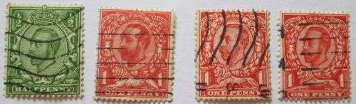 Great Britain 1912 King George V, 4 Stamps Including 1P with Few Shadows on the Lion