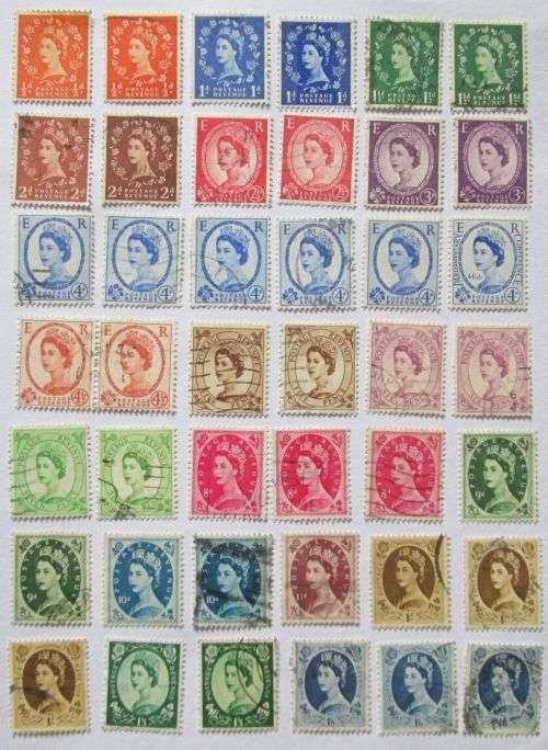 1955 - 1958 Great Britain Queen Elizabeth II - Set of 18 + Extras, 42 Stamps in Total