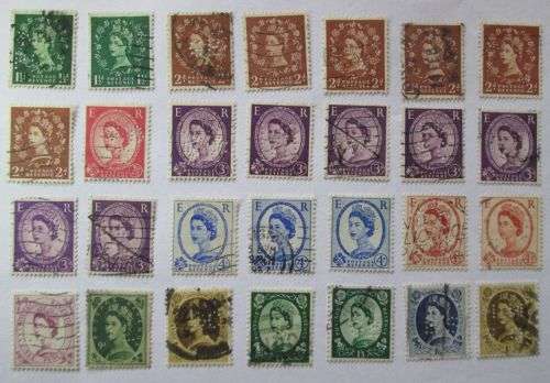 1955-1958 Great Britain Queen Elizabeth Set with Perfins + extra stamps (28 stamps in total)