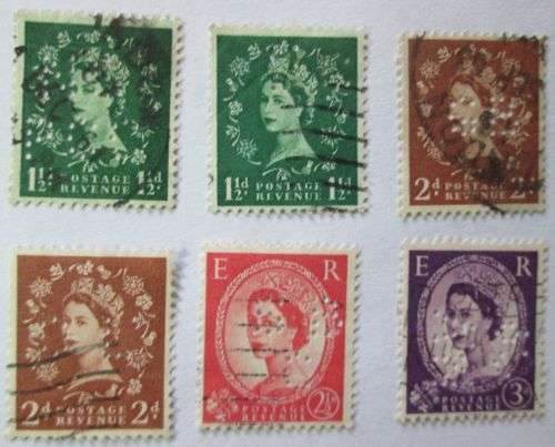 1955-1958 Great Britain Queen Elizabeth Set with Perfins + extra stamps (28 stamps in total)