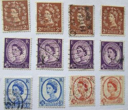 1955-1958 Great Britain Queen Elizabeth Set with Perfins + extra stamps (28 stamps in total)