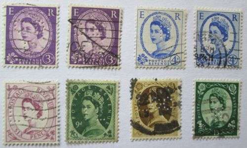 1955-1958 Great Britain Queen Elizabeth Set with Perfins + extra stamps (28 stamps in total)