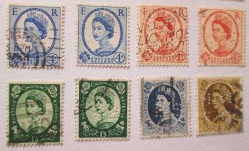 1955-1958 Great Britain Queen Elizabeth Set with Perfins + extra stamps (28 stamps in total)
