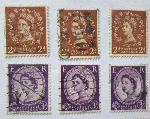 1955-1958 Great Britain Queen Elizabeth Set with Perfins + extra stamps (28 stamps in total)