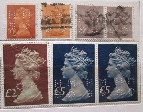Great Britain Queen Elizabeth 1967 - 1977 Lot of 23 Stamps with Perfins