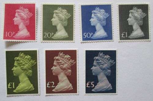 Great Britain Queen Elizabeth 1977 Stamps Enlarged 10P, 20P, 50P, 1£ (VF) & 1,2, 5 £ (Mint)