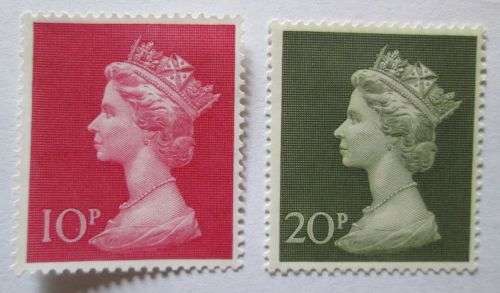 Great Britain Queen Elizabeth 1977 Stamps Enlarged 10P, 20P, 50P, 1£ (VF) & 1,2, 5 £ (Mint)