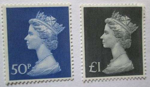Great Britain Queen Elizabeth 1977 Stamps Enlarged 10P, 20P, 50P, 1£ (VF) & 1,2, 5 £ (Mint)