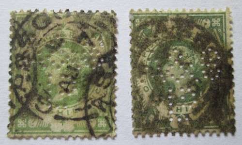 Great Britain 1887 Queen Victoria Two Stamps of 1 Shilling with Perfins