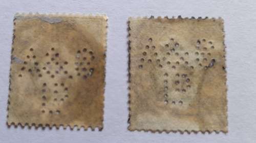Great Britain 1887 Queen Victoria Two Stamps of 1 Shilling with Perfins