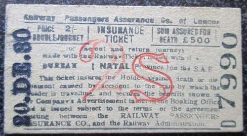 S.A.R - SA Railway Passengers Assurance Train Ticket 2S, Date 20.DE.30 #7990