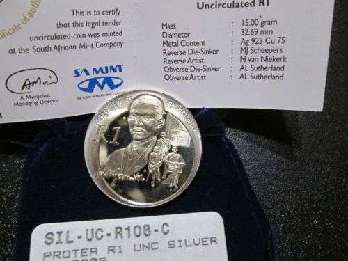 2008 Protea series, Mahatma Gandhi R1 Sterling Silver UNC coin!!