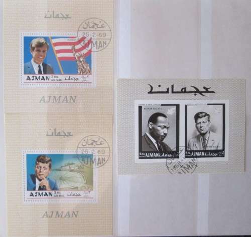 Lot of 6 Mini Sheets from United Arab Emirates, Australia, Japan, Fiji. JFK & QElII 25th