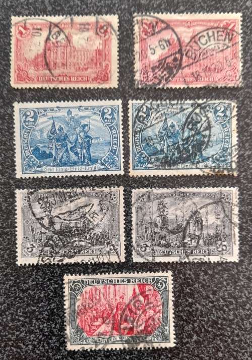 German Empire Stamps 1905 1 Mk, 1902 2 Mk Deutsches Reich Latin Letters Unused, 1903 3 Mk, 1905 5 Mk