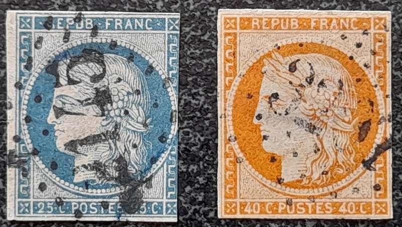 TWO France Ceres Stamps Portrait 25c Blue, 40c Red Orange Imperforated `Repub Franc`