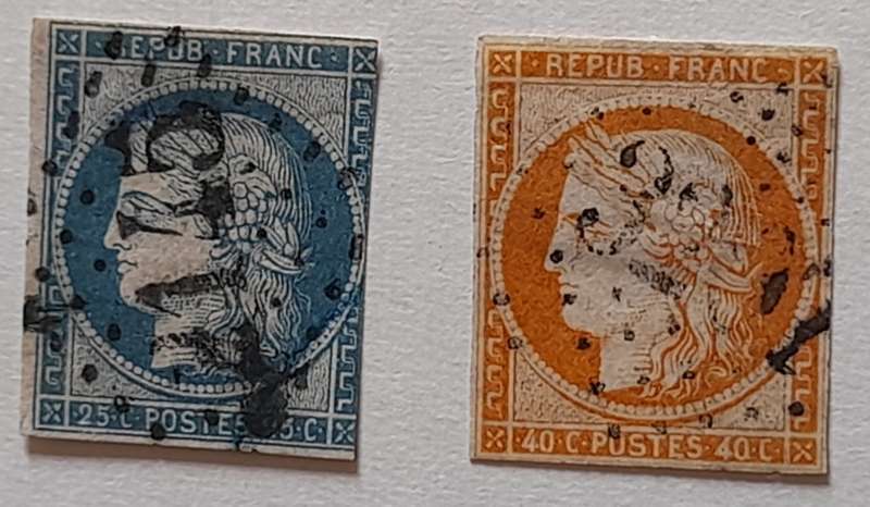 TWO France Ceres Stamps Portrait 25c Blue, 40c Red Orange Imperforated `Repub Franc`